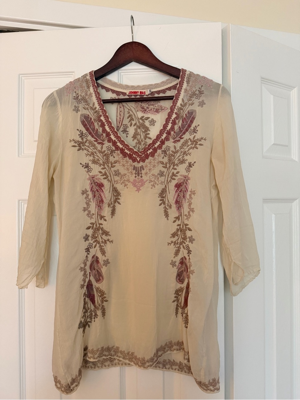 Johnny Was Cream Tunic with Pink and Brown Embroidery
